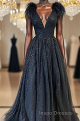 Glitter Feathers V-Neck Empire Waist A-Line Evening Prom Gown,Evening Prom Party Dress
