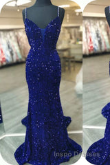 Glittery Mermaid Red Sequin V-Neck Lace-Up Back Evening Prom Dress Gala Gown