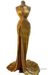 Gold Evening Dress Sheath High Collar Velvet Beaded Slit Long Turkey Dubai Saudi Arabic Evening Gown Evening Prom Dress