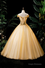 Gold Floor Length Tulle Beading Formal Dress, Lovely Off the Shoulder Evening Party Dress