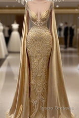 Gold Mermaid Evening Prom Dress With Wrap Beaded Lace Appliqued Evening Dress Party Second Reception Gowns Plus Size