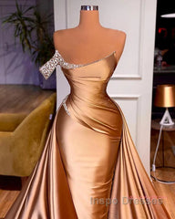 Gold Satin One Shoulder Overskirt  Evening Prom Dress