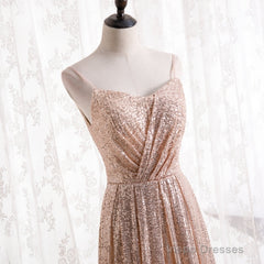 Gold Sequins Sweetheart Simple Spaghetti Straps Long Party Dress, Sequins Prom Dress Bridesmaid Dress