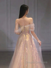 Gold Sparkle A Line Tulle Sequin Long Evening Prom Dress