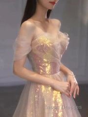 Gold Sparkle A Line Tulle Sequin Long Evening Prom Dress