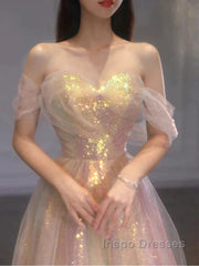 Gold Sparkle A Line Tulle Sequin Long Evening Prom Dress