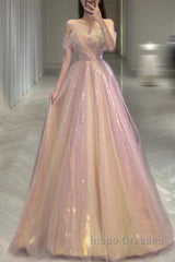 Gold Sparkle A Line Tulle Sequin Long Evening Prom Dress