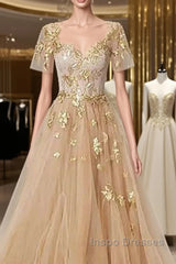Golden Short Sleeves A-Line Tulle Evening Prom Dress,