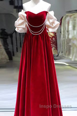 Gorgeous A Line Off The Shoulder Velvet Red Evening Prom Dress
