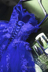 Gorgeous Blue Lace Floral Long Evening Prom Dress, Blue Appliques Formal Evening Dress, Blue Ball Gown