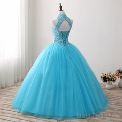 Gorgeous Blue Tulle Ball Gown Lace Top Sweet 16 Dress, Blue Quinceanera Dress
