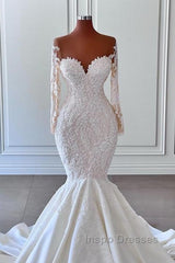 Gorgeous Long Sleeves White Mermaid Bridal Dress Sweetheart Graden Wedding Dress