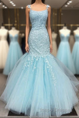 Gorgeous Mermaid Light Blue Lace Long Evening Prom Dress, Light Blue Mermaid Lace Formal Dress, Mermaid Lace Evening Dress