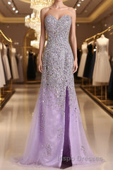 Gorgeous Mermaid Strapless Purple Beaded Long Evening Prom Dress, Mermaid Purple Beaded Formal Evening Dress, Purple Ball Gown