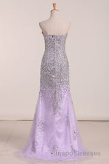 Gorgeous Mermaid Strapless Purple Beaded Long Evening Prom Dress, Mermaid Purple Beaded Formal Evening Dress, Purple Ball Gown