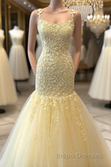 Gorgeous Mermaid Yellow Lace Long Evening Prom Dress, Mermaid Yellow Formal Dress, Yellow Lace Evening Dress