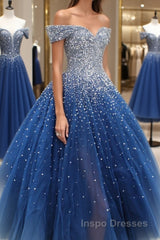 Gorgeous Off Shoulder Sequins Blue Long Evening Prom Dress, Shiny Sequins Blue Formal Evening Dress, Blue Ball Gown