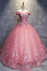 Gorgeous Off the Shoulder Pink Lace Appliques Long Evening Prom Dress, Off Shoulder Pink Formal Dress, Pink Evening Dress, Ball Gown