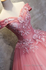 Gorgeous Off the Shoulder Pink Lace Appliques Long Evening Prom Dress, Off Shoulder Pink Formal Dress, Pink Evening Dress, Ball Gown