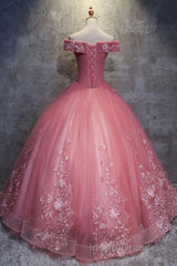 Gorgeous Off the Shoulder Pink Lace Appliques Long Evening Prom Dress, Off Shoulder Pink Formal Dress, Pink Evening Dress, Ball Gown