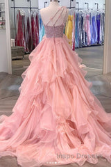 Gorgeous One Shoulder Beaded Pink Long Evening Prom Dress, Fluffy Pink Formal Evening Dress, Beaded Ball Gown