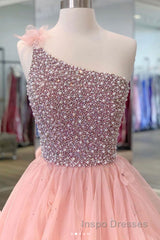 Gorgeous One Shoulder Beaded Pink Long Evening Prom Dress, Fluffy Pink Formal Evening Dress, Beaded Ball Gown