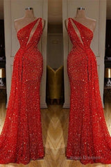 Gorgeous One Shoulder Red Sequins Long Prom Dress