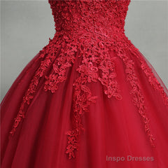 Gorgeous Red Ball Gown Sweet 16 Gown, Red Tulle with Lace Applique Party Dresses