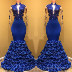 Gorgeous Royal Blue Prom Dresses Long Sleevess Evening Gowns with Rose Flowers