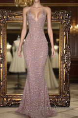 Gorgeous Sequined Mermaid Spaghetti-Strap Long Sleevesless Evening Prom Party Gowns