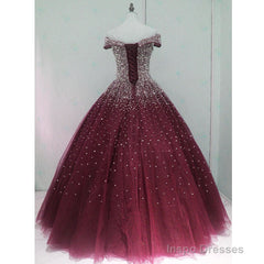 Gorgeous Sparkle Burgundy Off Shoulder Sweet 16 Gown, Burgundy Prom Dress