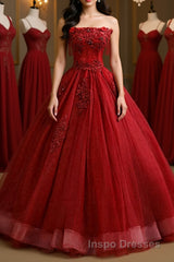 Gorgeous Strapless Burgundy Lace Beaded Long Evening Prom Dress, Lace Burgundy Formal Evening Dress, Burgundy Lace Ball Gown