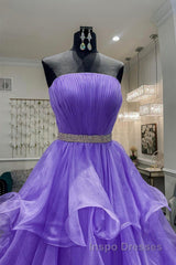 Gorgeous Strapless Layered Purple Tulle Long Evening Prom Dress with Belt, Purple Formal Evening Dress, Purple Ball Gown