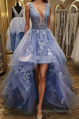 Gorgeous V Neck and V Back Blue Tulle Lace Long Evening Prom Dress, Puffy Blue Lace Formal Evening Dress