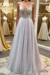 Gorgeous V Neck Backless Beaded Gray Tulle Long Evening Prom Dress, Backless Grey Formal Graduation Evening Dress