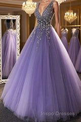 Gorgeous V Neck Beaded Purple Tulle Long Evening Prom Dress, V Neck Purple Formal Evening Dress, Purple Ball Gown
