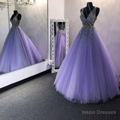 Gorgeous V Neck Beaded Purple Tulle Long Prom Dress, V Neck Purple Formal Evening Dress, Purple Ball Gown