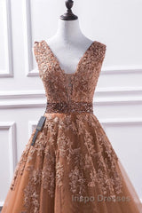 Gorgeous V Neck Champagne Lace Long Evening Prom Dress, Champagne Lace Formal Graduation Evening Dress