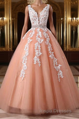 Gorgeous V Neck Open Back Coral Lace Floral Long Evening Prom Dress, Coral Lace Formal Dress, Coral Evening Dress with Appliques