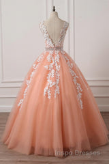Gorgeous V Neck Open Back Coral Lace Floral Long Evening Prom Dress, Coral Lace Formal Dress, Coral Evening Dress with Appliques