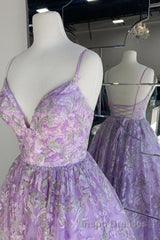 Gorgeous V Neck Thin Straps Purple Long Evening Prom Dress, V Neck Purple Formal Evening Dress, Purple Ball Gown