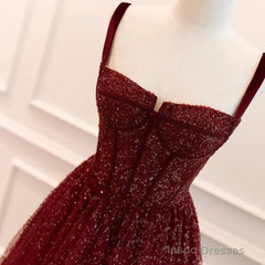 Gothic Burgundy Spaghetti Straps Sequins Beaded Formal Prom Dress Tulle Party Evening Dress
