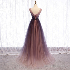 Gradient V-neckline Tulle Long Prom Dress Party Dress, Gradient Evening Gown