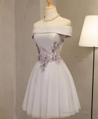 Gray A Line Off Shoulder Knee Length Prom Dress, Lace Homecoming Dresses