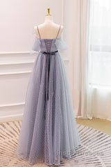 Gray A-Line Tulle Long Evening Prom Dress, Gray Formal Evening Dress