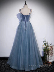 Gray Blue Tulle Long Evening Prom Dress A Line Evening Dress Formal Dress December Wedding Guest Dress