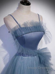 Gray Blue Tulle Long Evening Prom Dress A Line Evening Dress Formal Dress December Wedding Guest Dress