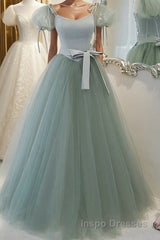 Gray Green A-Line Tulle Long Evening Prom Dress, Gray Green Formal Dress