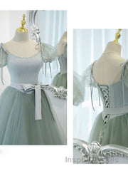 Gray Green A-Line Tulle Long Evening Prom Dress, Gray Green Formal Dress
