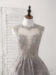 Gray High Neck Lace Chiffon Short Prom Dress Gray Bridesmaid Dress